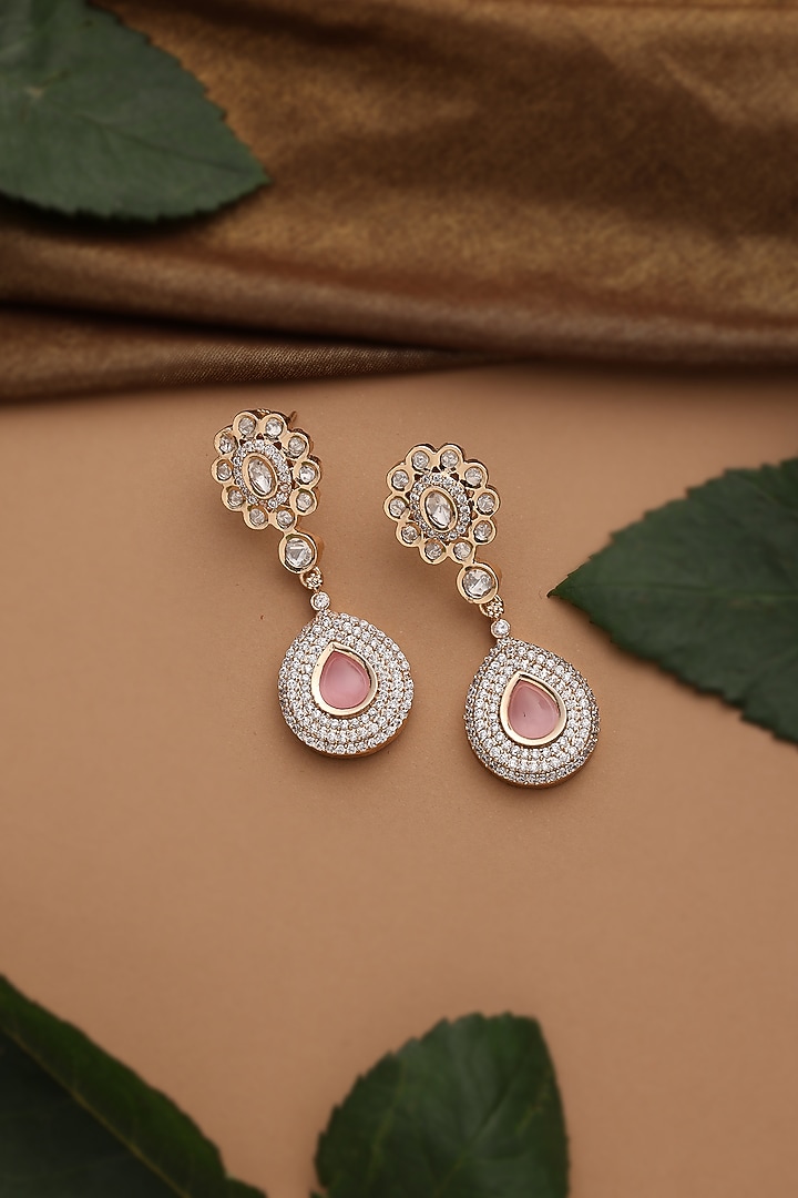 Rose Gold Finish Rose Quartz Kundan Polki Dangler Earrings by Swabhimann Jewellery at Pernia's Pop Up Shop