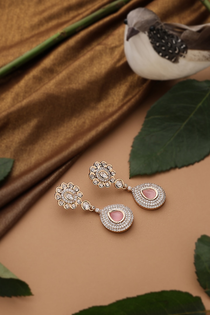 Rose Gold Finish Rose Quartz Kundan Polki Dangler Earrings by Swabhimann Jewellery at Pernia's Pop Up Shop
