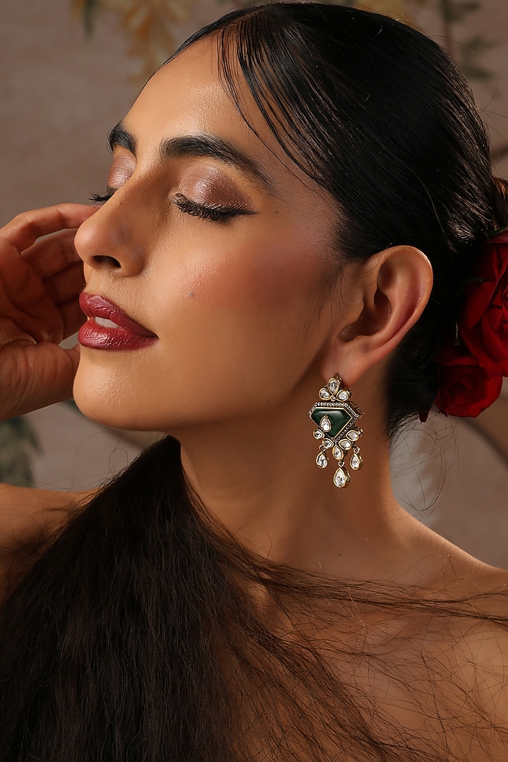 Gold Finish Emerald Kundan Polki Dangler Earrings by Swabhimann Jewellery at Pernia's Pop Up Shop