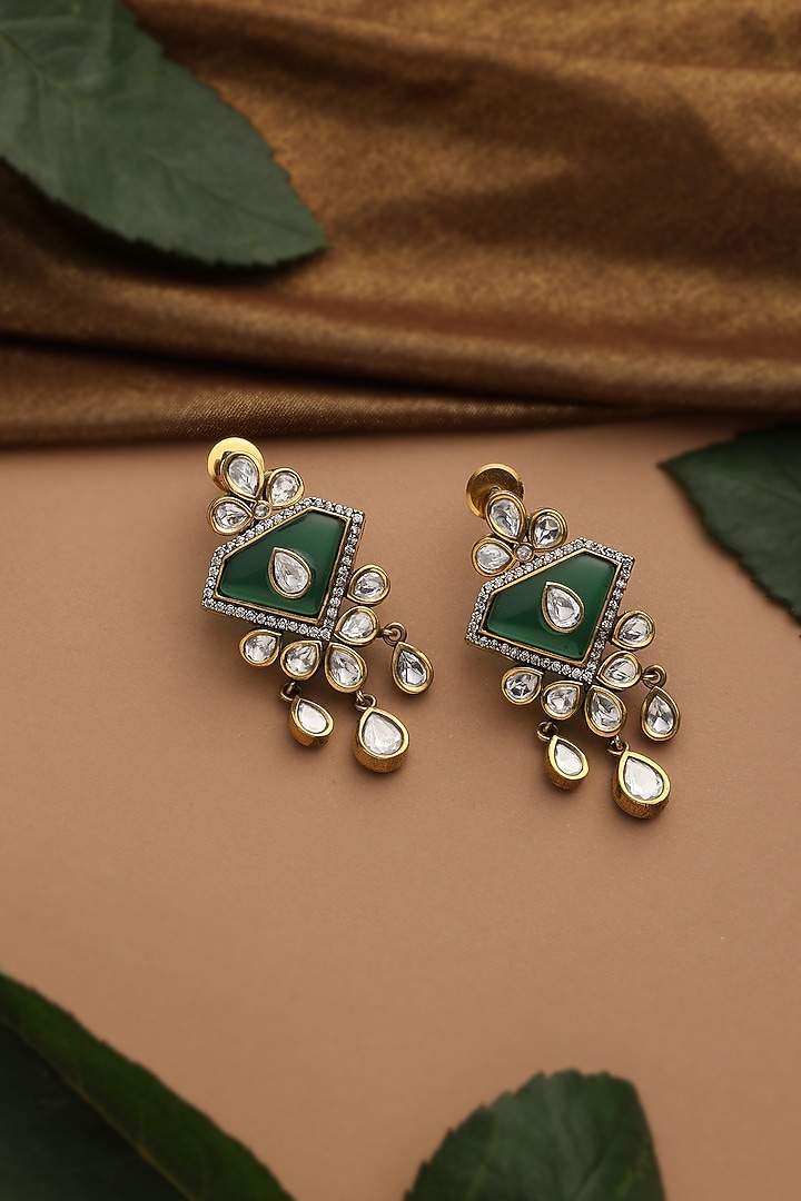 Gold Finish Emerald Kundan Polki Dangler Earrings by Swabhimann Jewellery at Pernia's Pop Up Shop