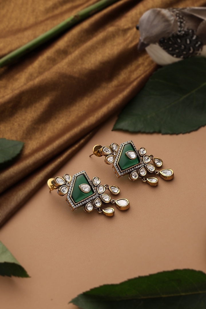 Gold Finish Emerald Kundan Polki Dangler Earrings by Swabhimann Jewellery at Pernia's Pop Up Shop