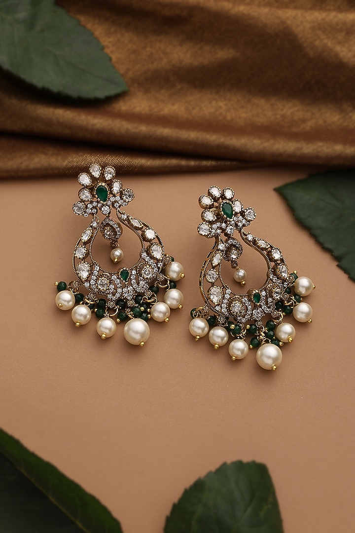 Gold Finish Green Kundan Polki Chandbali Earrings by Swabhimann Jewellery at Pernia's Pop Up Shop
