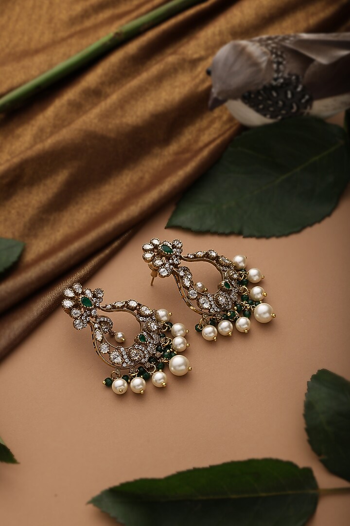Gold Finish Green Kundan Polki Chandbali Earrings by Swabhimann Jewellery at Pernia's Pop Up Shop