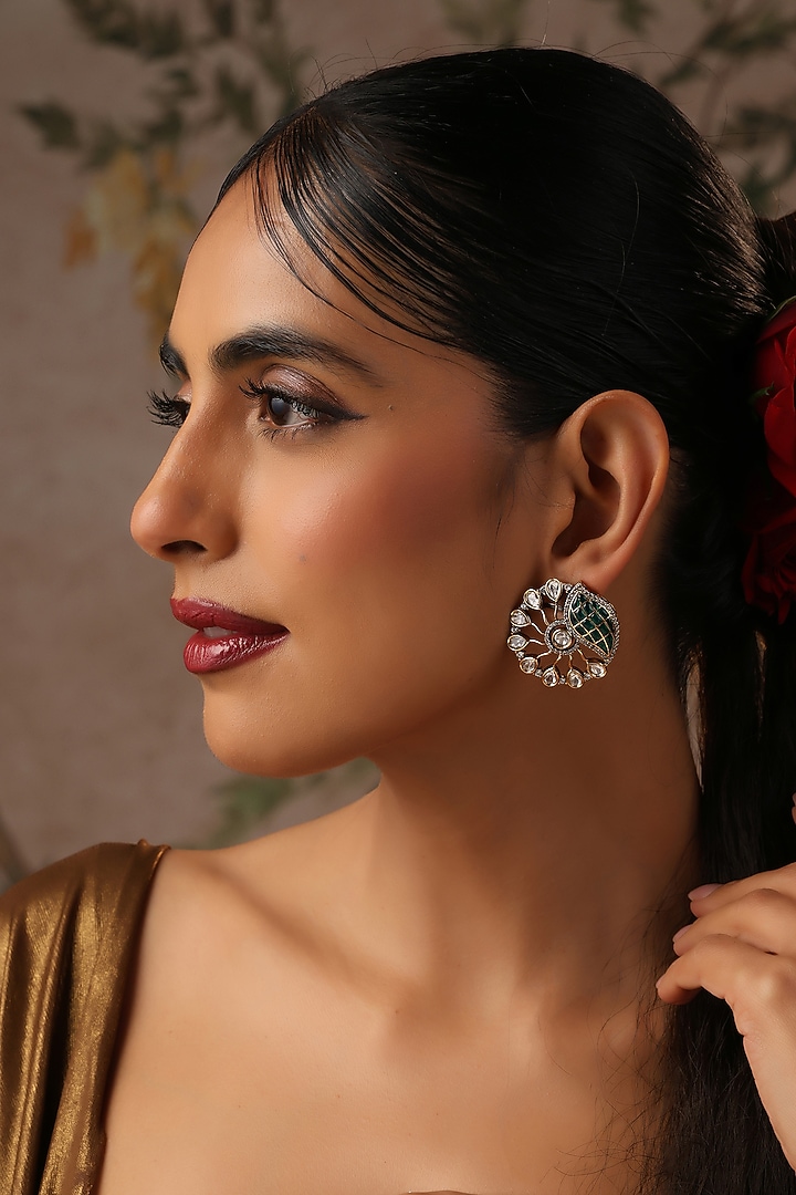 Gold Finish Green Kundan Polki Stud Earrings by Swabhimann Jewellery at Pernia's Pop Up Shop