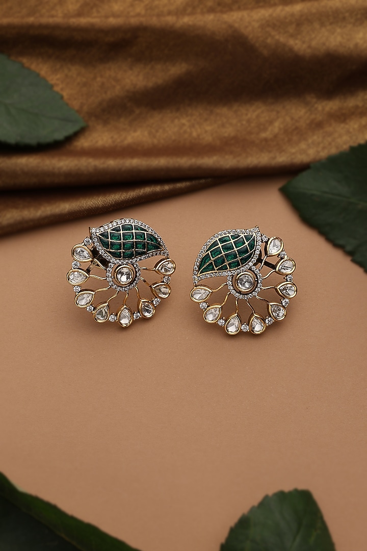 Gold Finish Green Kundan Polki Stud Earrings by Swabhimann Jewellery at Pernia's Pop Up Shop