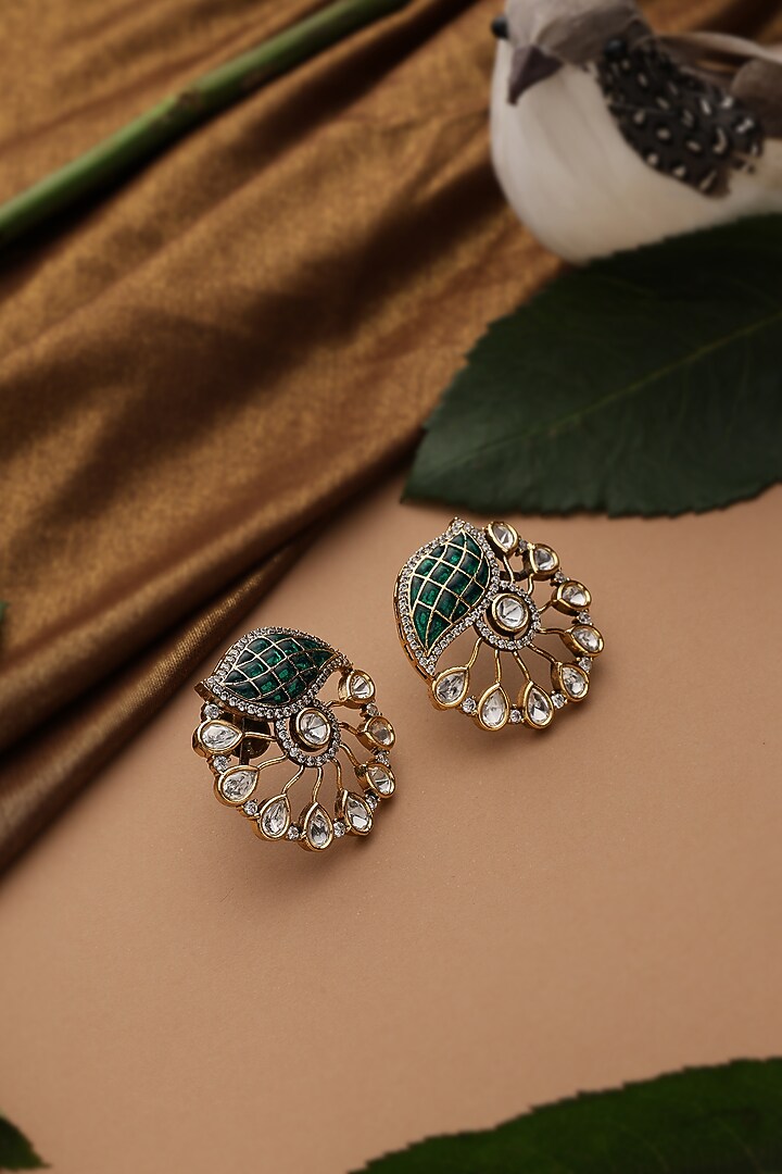 Gold Finish Green Kundan Polki Stud Earrings by Swabhimann Jewellery at Pernia's Pop Up Shop