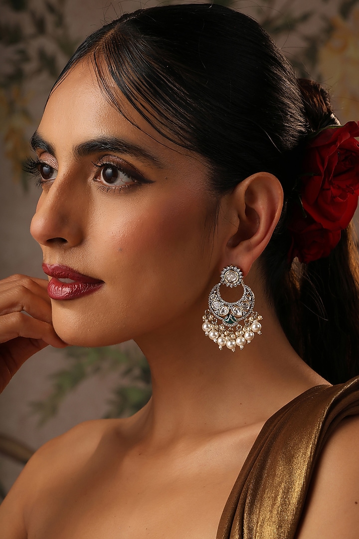 Gold Finish Green Kundan Polki Chandbali Earrings by Swabhimann Jewellery at Pernia's Pop Up Shop