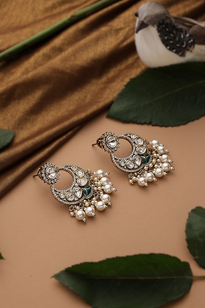 Gold Finish Green Kundan Polki Chandbali Earrings by Swabhimann Jewellery at Pernia's Pop Up Shop
