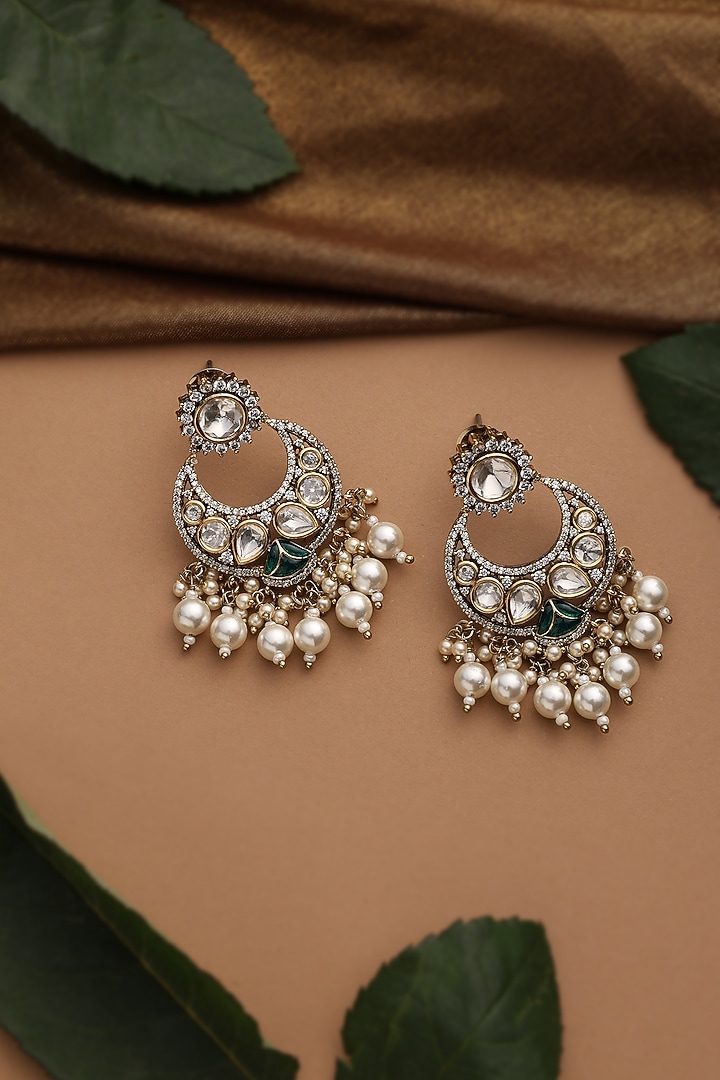 Gold Finish Green Kundan Polki Chandbali Earrings by Swabhimann Jewellery at Pernia's Pop Up Shop