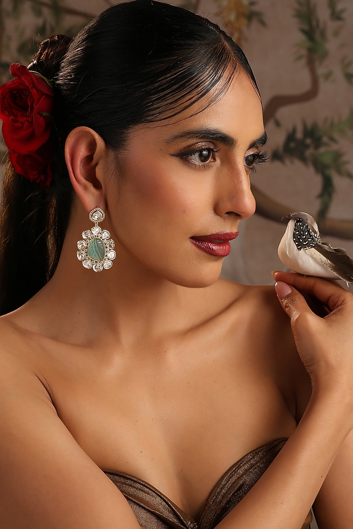 Gold Finish Mint Kundan Polki Dangler Earrings by Swabhimann Jewellery at Pernia's Pop Up Shop