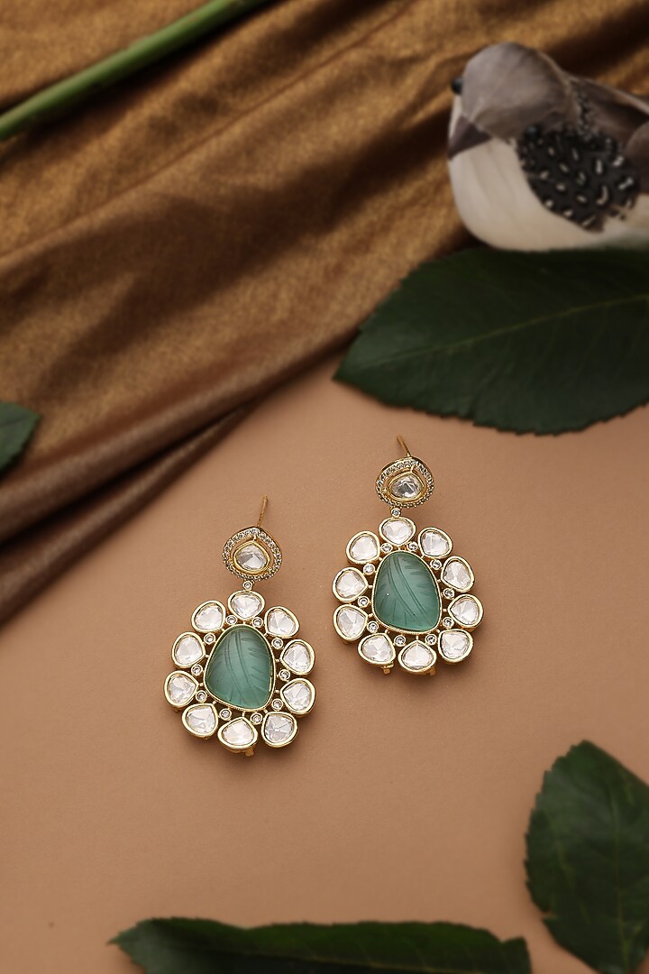 Gold Finish Mint Kundan Polki Dangler Earrings by Swabhimann Jewellery at Pernia's Pop Up Shop