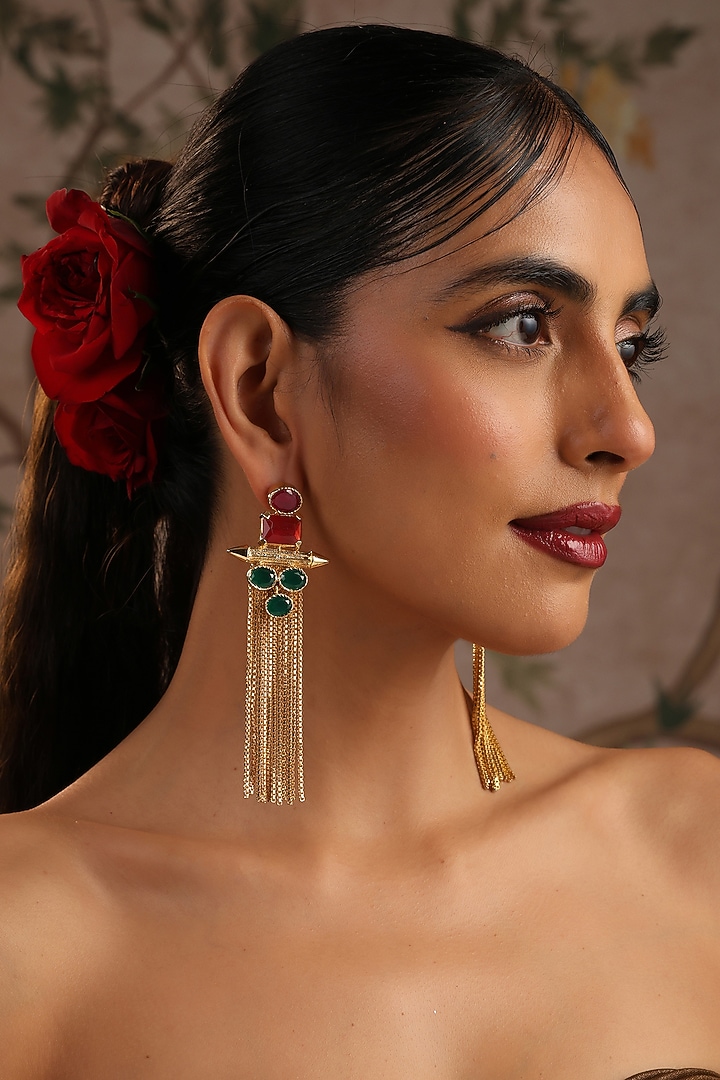 Gold Finish Emerald & Ruby Stone Dangler Earrings by Swabhimann Jewellery at Pernia's Pop Up Shop