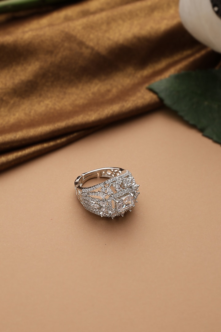 White Finish Solitaire Zircon Adjustable Ring by Swabhimann Jewellery at Pernia's Pop Up Shop