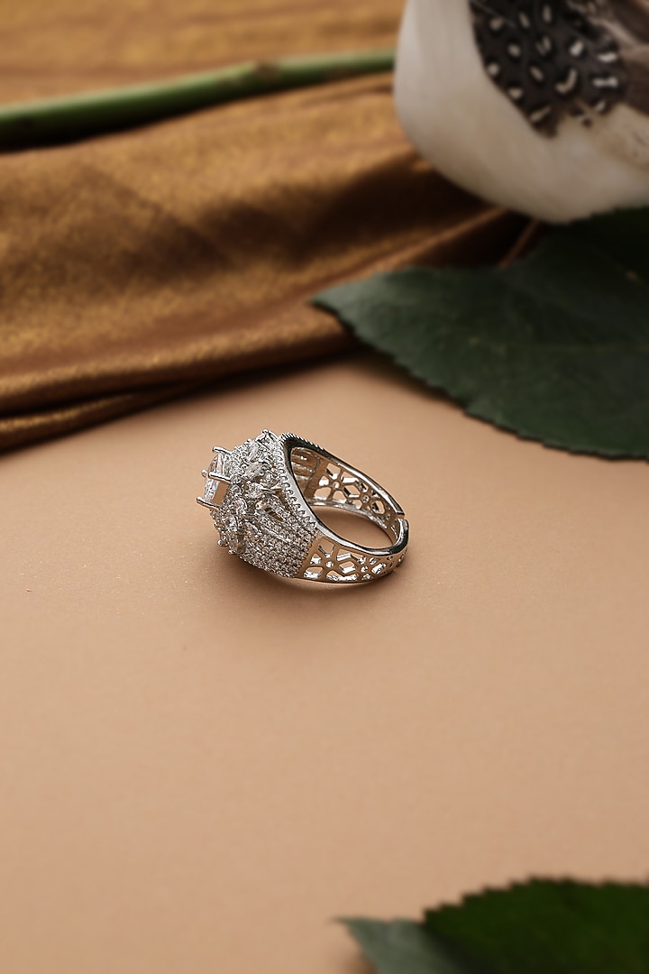 White Finish Solitaire Zircon Adjustable Ring by Swabhimann Jewellery at Pernia's Pop Up Shop