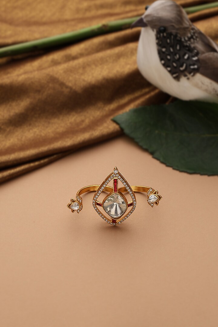 Gold Finish Red Kundan Polki Adjustable Ring by Swabhimann Jewellery at Pernia's Pop Up Shop