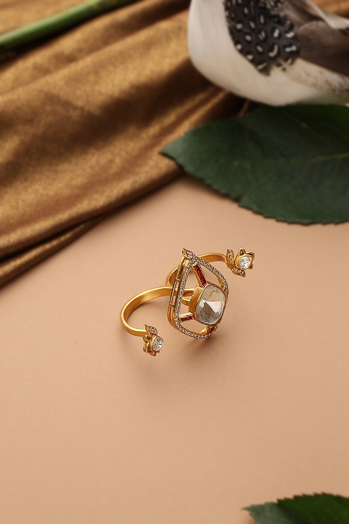 Gold Finish Red Kundan Polki Adjustable Ring by Swabhimann Jewellery at Pernia's Pop Up Shop