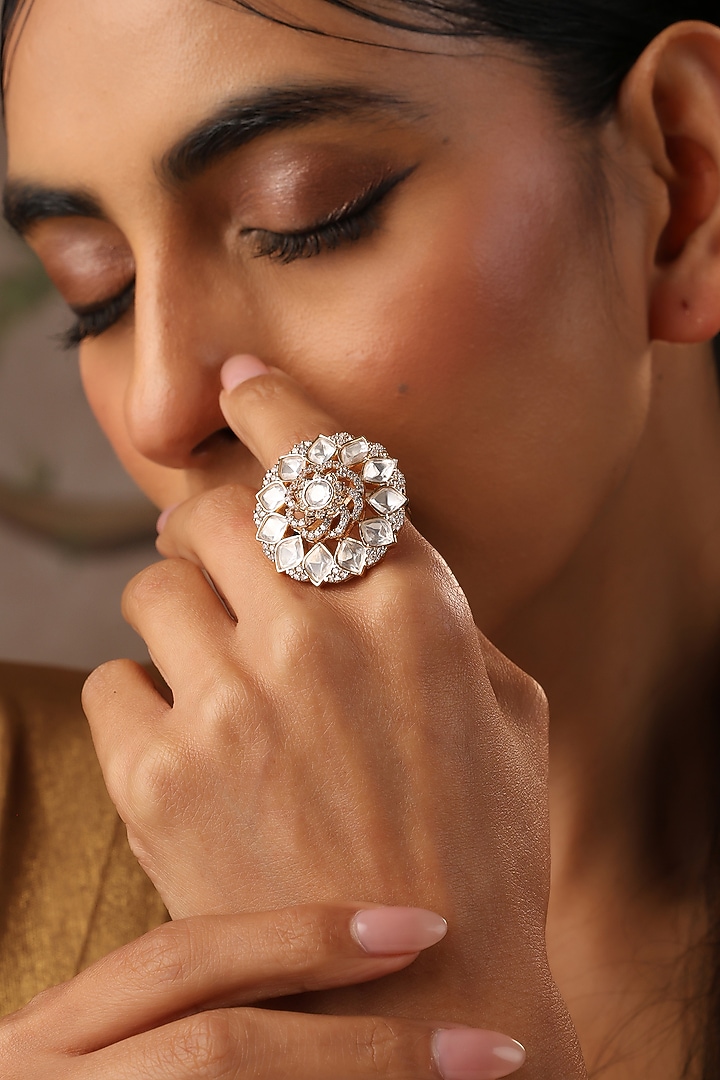 Rose Gold Finish Kundan Polki Adjustable Ring by Swabhimann Jewellery at Pernia's Pop Up Shop