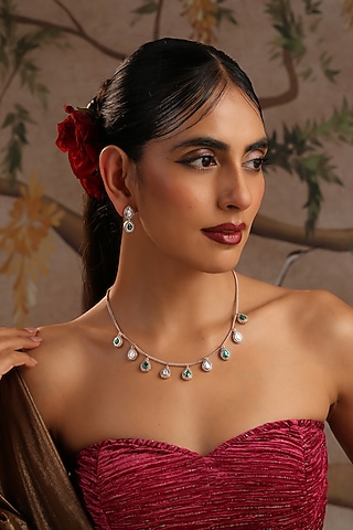 Rose Gold Finish Emerald Kundan Polki Necklace Set by Swabhimann Jewellery