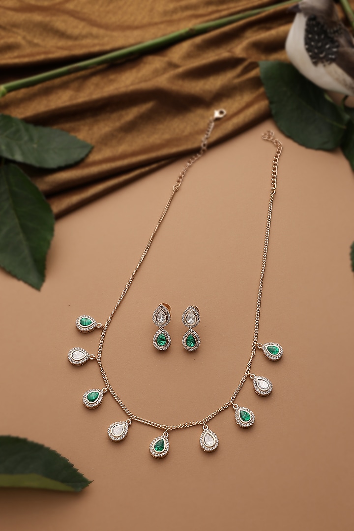 Rose Gold Finish Emerald Kundan Polki Necklace Set by Swabhimann Jewellery at Pernia's Pop Up Shop