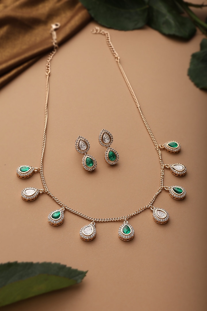 Rose Gold Finish Emerald Kundan Polki Necklace Set by Swabhimann Jewellery at Pernia's Pop Up Shop