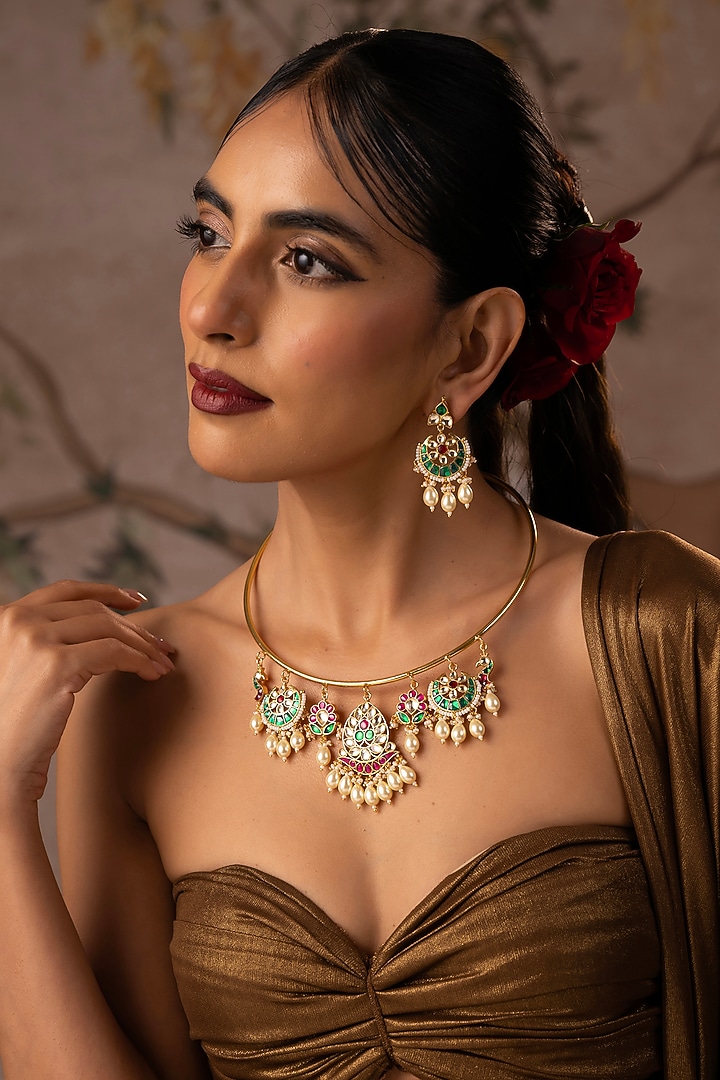 Gold Finish Multi-Colored Kundan Polki Jadau Necklace Set by Swabhimann Jewellery at Pernia's Pop Up Shop