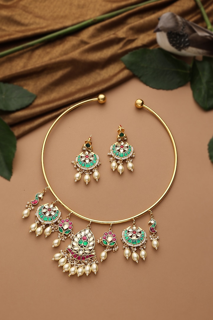 Gold Finish Multi-Colored Kundan Polki Jadau Necklace Set by Swabhimann Jewellery at Pernia's Pop Up Shop