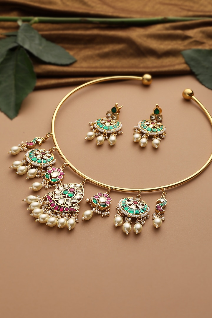 Gold Finish Multi-Colored Kundan Polki Jadau Necklace Set by Swabhimann Jewellery at Pernia's Pop Up Shop