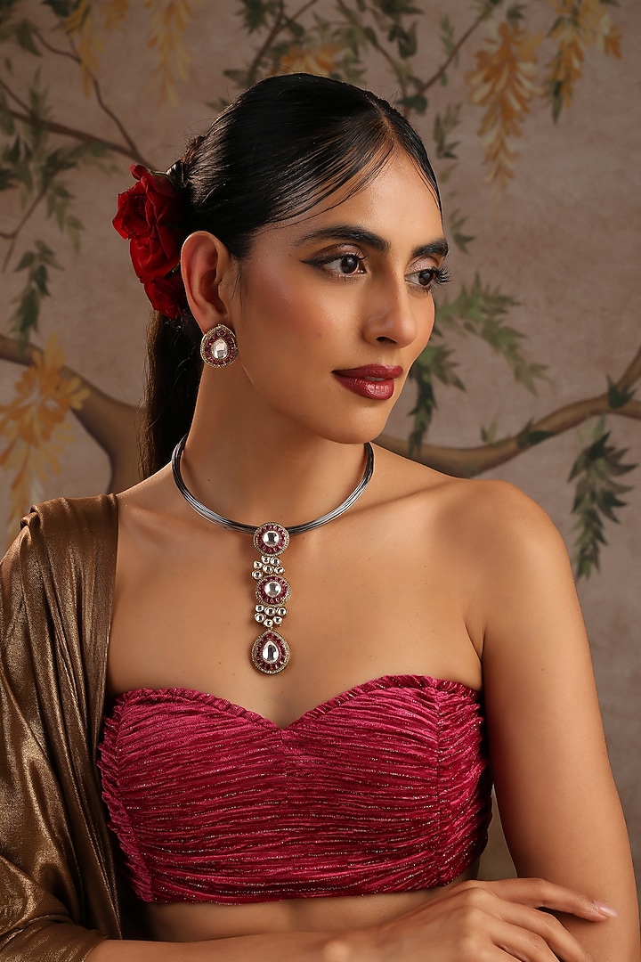 White Finish Red Kundan Polki Long Necklace Set by Swabhimann Jewellery at Pernia's Pop Up Shop