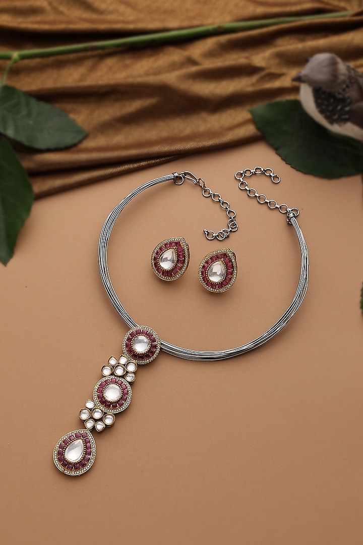 White Finish Red Kundan Polki Long Necklace Set by Swabhimann Jewellery at Pernia's Pop Up Shop