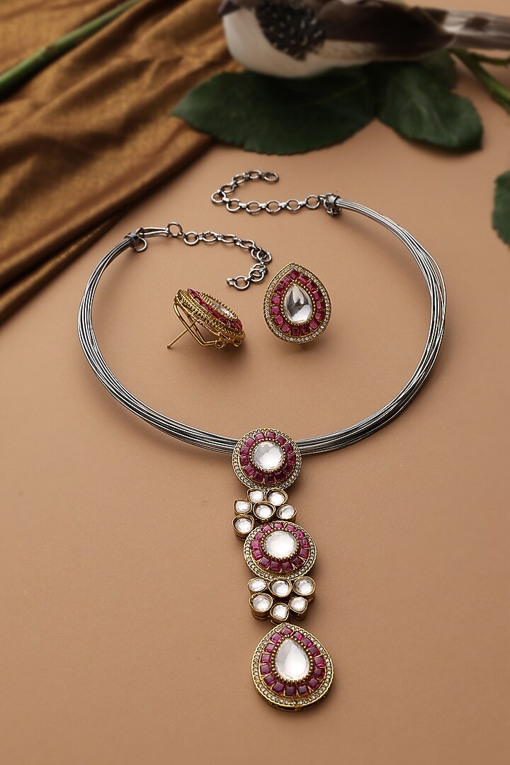 White Finish Red Kundan Polki Long Necklace Set by Swabhimann Jewellery at Pernia's Pop Up Shop