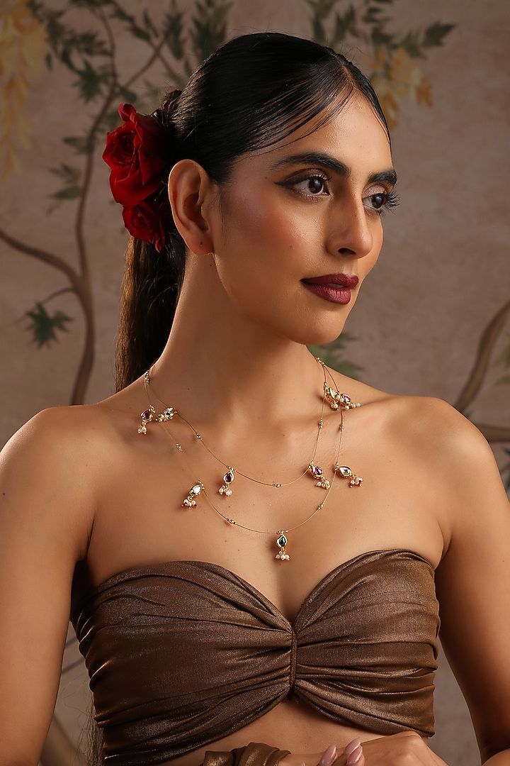 Gold Finish Multi-Colored Kundan Polki Layered Necklace by Swabhimann Jewellery at Pernia's Pop Up Shop