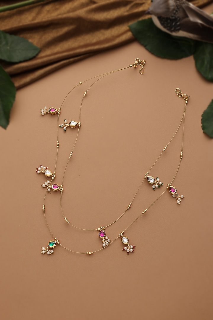 Gold Finish Multi-Colored Kundan Polki Layered Necklace by Swabhimann Jewellery at Pernia's Pop Up Shop