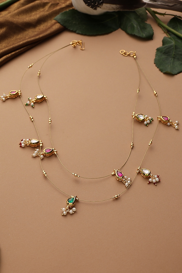Gold Finish Multi-Colored Kundan Polki Layered Necklace by Swabhimann Jewellery at Pernia's Pop Up Shop