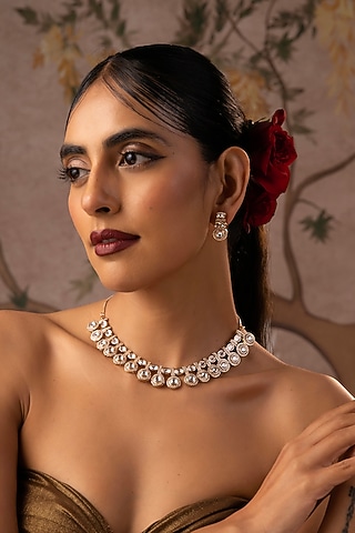 Rose Gold Finish Kundan Polki Necklace Set by Swabhimann Jewellery