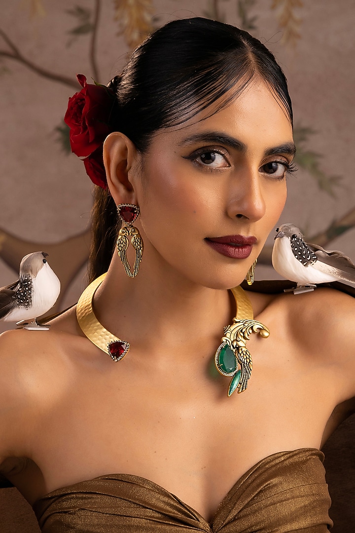 Gold Finish Emerald & Ruby Stone Hasli Necklace Set by Swabhimann Jewellery at Pernia's Pop Up Shop
