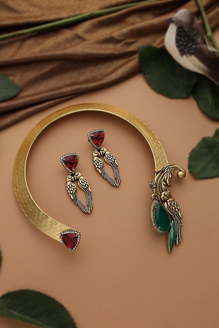 Gold Finish Emerald & Ruby Stone Hasli Necklace Set by Swabhimann Jewellery at Pernia's Pop Up Shop