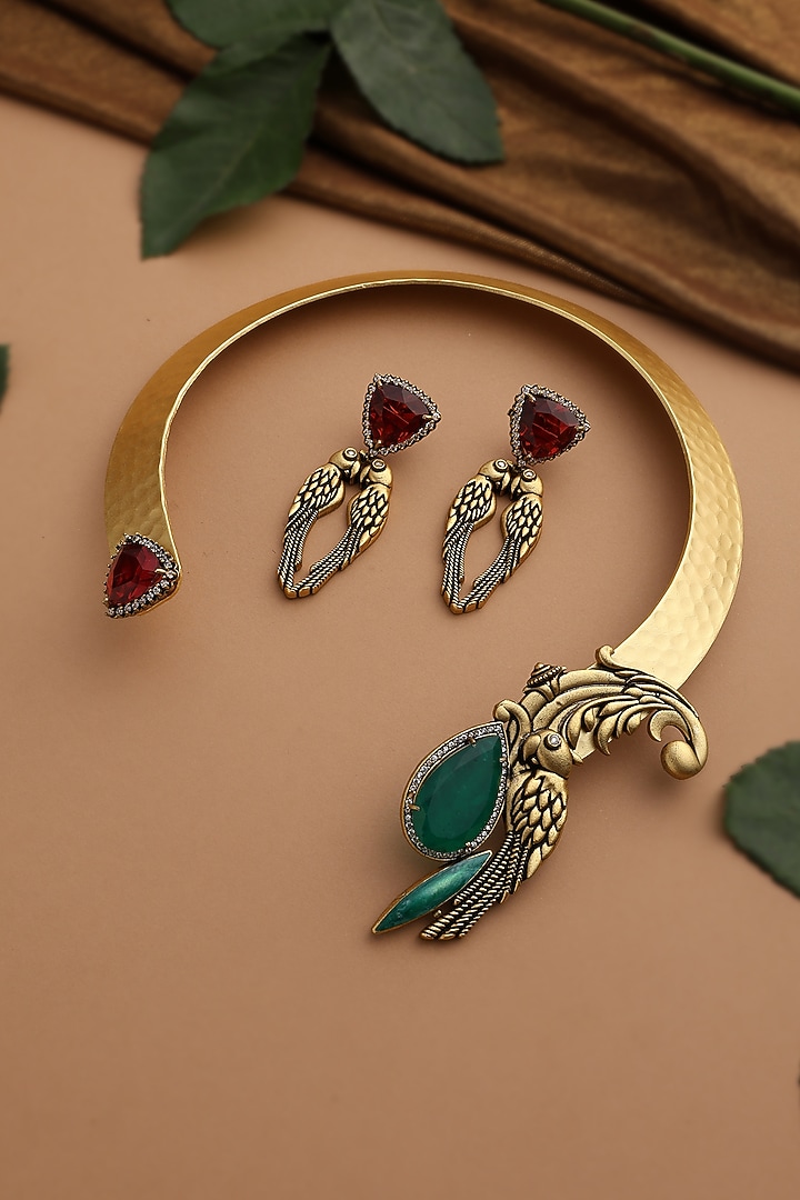 Gold Finish Emerald & Ruby Stone Hasli Necklace Set by Swabhimann Jewellery at Pernia's Pop Up Shop