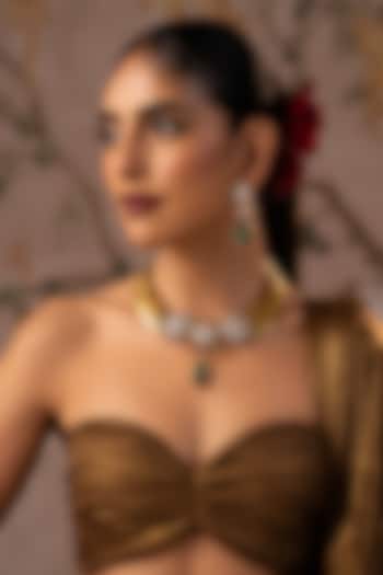 Gold Finish Emerald Kundan Polki Hasli Necklace Set by Swabhimann Jewellery at Pernia's Pop Up Shop