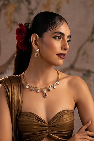 Gold Finish Ruby Red Kundan Polki Hasli Necklace Set by Swabhimann Jewellery