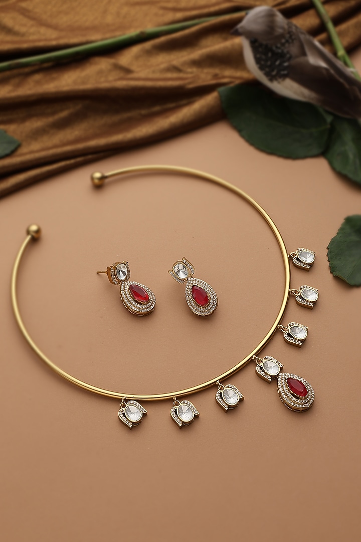 Gold Finish Ruby Red Kundan Polki Hasli Necklace Set by Swabhimann Jewellery at Pernia's Pop Up Shop