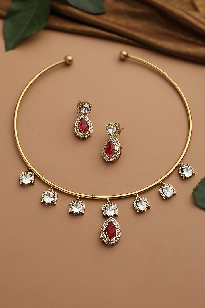 Gold Finish Ruby Red Kundan Polki Hasli Necklace Set by Swabhimann Jewellery at Pernia's Pop Up Shop
