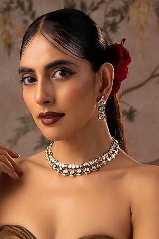 Rose Gold Finish Green Kundan Polki Layered Necklace Set by Swabhimann Jewellery