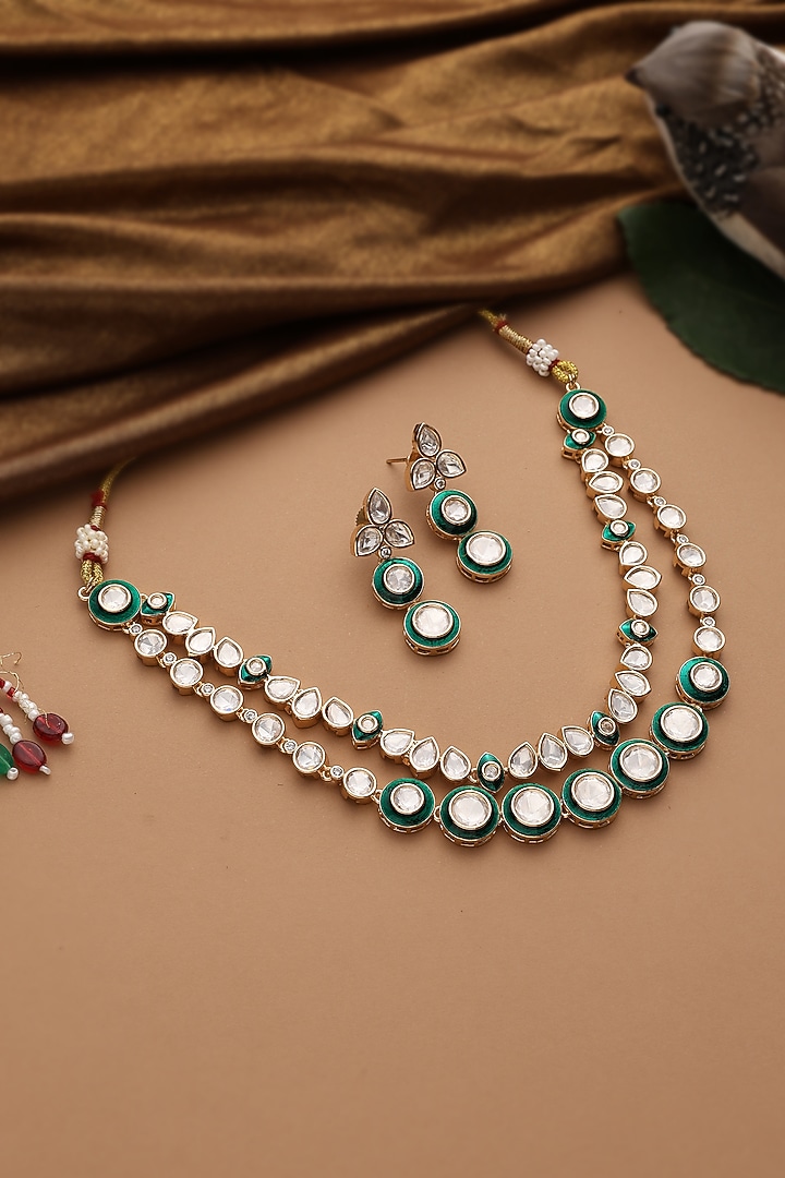 Rose Gold Finish Green Kundan Polki Layered Necklace Set by Swabhimann Jewellery at Pernia's Pop Up Shop
