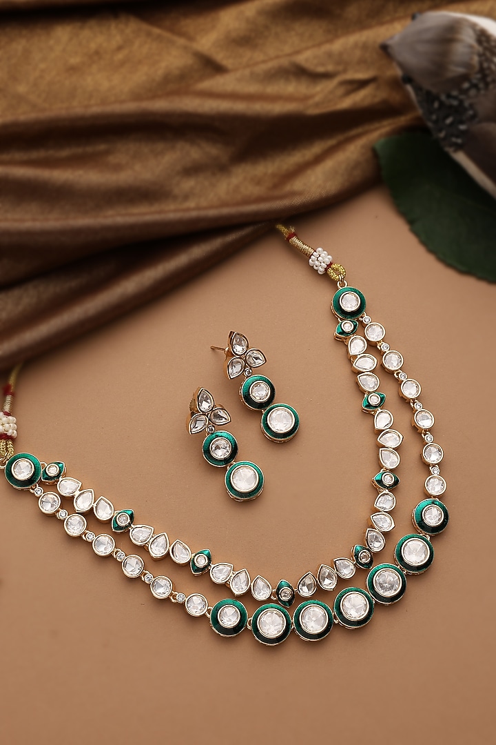 Rose Gold Finish Green Kundan Polki Layered Necklace Set by Swabhimann Jewellery at Pernia's Pop Up Shop