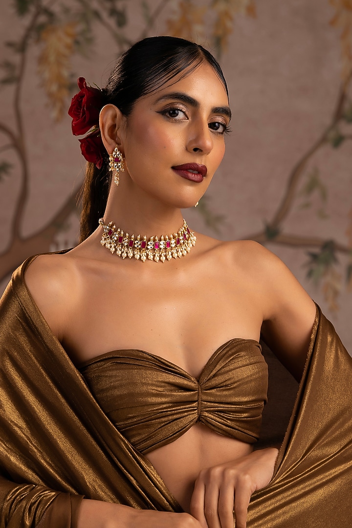 Gold Finish Pink Jadau Kundan Polki Choker Necklace Set by Swabhimann Jewellery at Pernia's Pop Up Shop