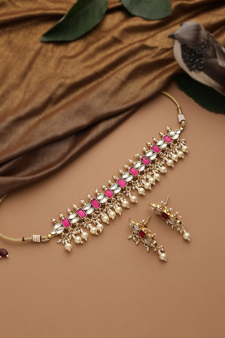 Gold Finish Pink Jadau Kundan Polki Choker Necklace Set by Swabhimann Jewellery at Pernia's Pop Up Shop