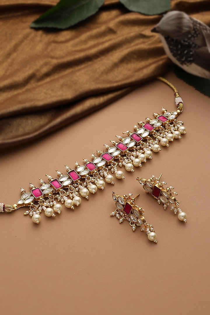 Gold Finish Pink Jadau Kundan Polki Choker Necklace Set by Swabhimann Jewellery at Pernia's Pop Up Shop