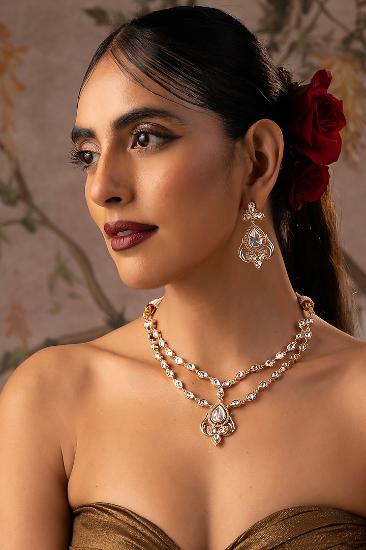 Rose Gold Finish Kundan Polki Layered Necklace Set by Swabhimann Jewellery at Pernia's Pop Up Shop