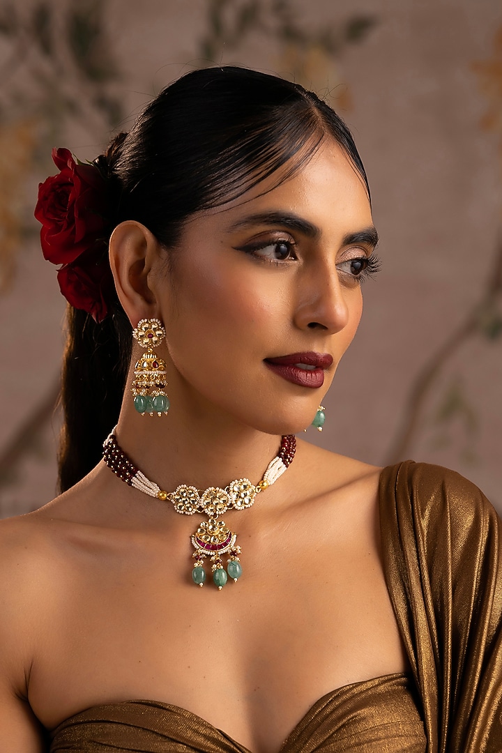 Gold Finish Multi-Colored Jadau Kundan Polki Choker Necklace Set by Swabhimann Jewellery at Pernia's Pop Up Shop