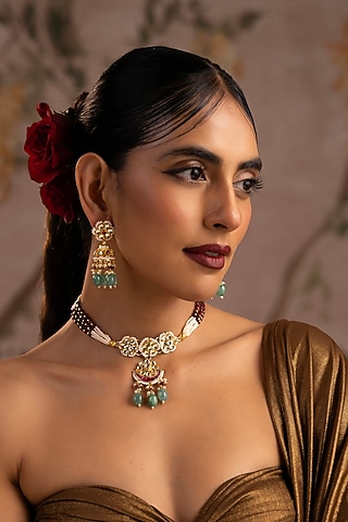 Gold Finish Multi-Colored Jadau Kundan Polki Choker Necklace Set by Swabhimann Jewellery